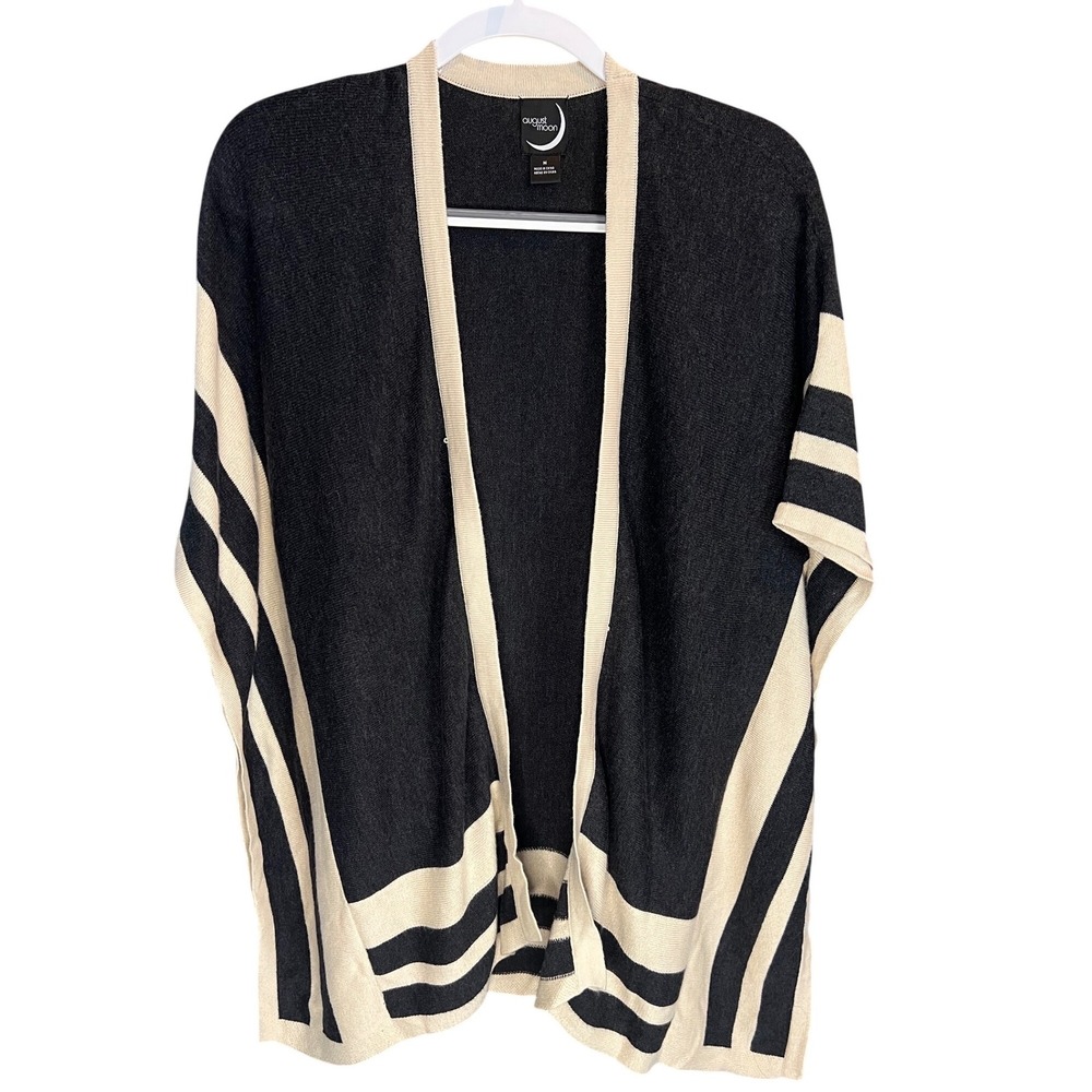 August Moon Women's Black Beige Striped Open Front Knit Cardigan Poncho M